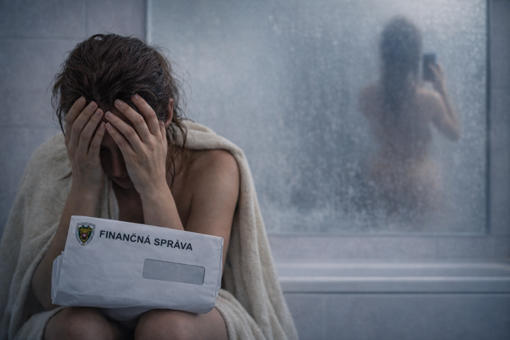 OnlyFans daňové priznanie – žena drží list od Finančnej správy v kúpeľni